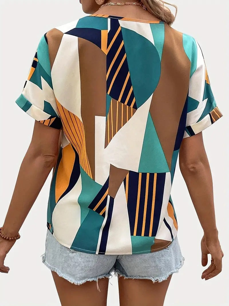 Damen V-Ausschnitt T-Shirt mit geometrischem Muster EB