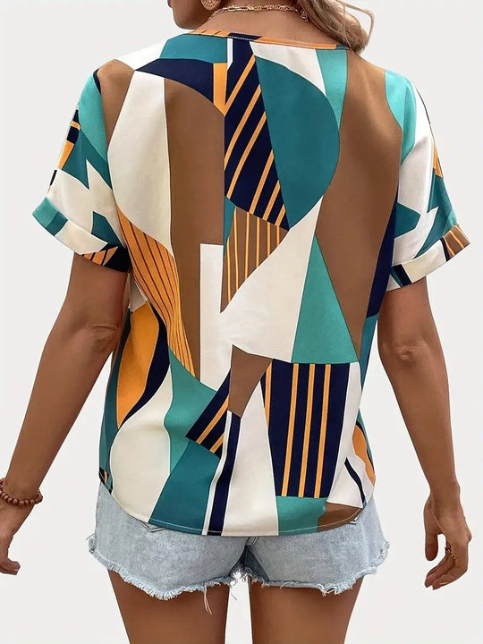 Damen V-Ausschnitt T-Shirt mit geometrischem Muster EB