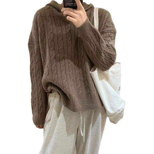 Damen Kuscheliger Strickpullover mit Kapuze und Kabelmuster EB
