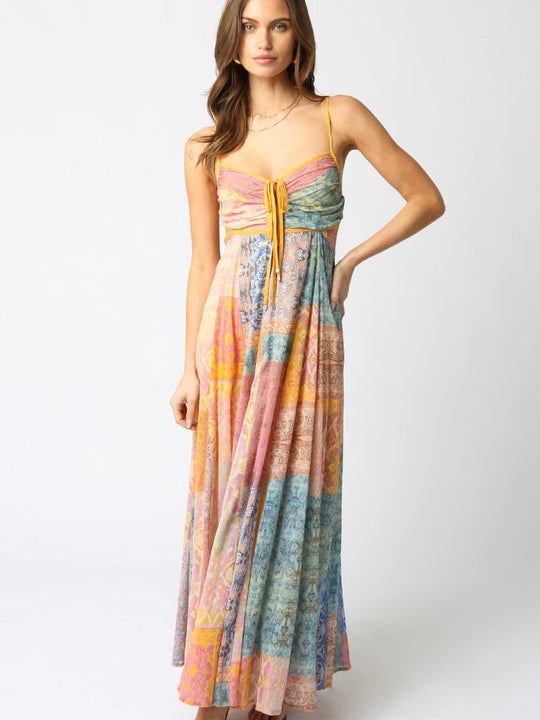 Damen Maxikleid mit floralem Patchwork-Design und verstellbaren Spaghettiträgern Heidi-Mode