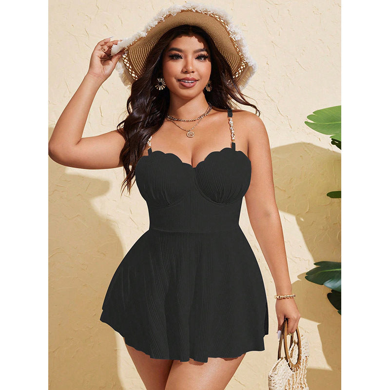 Damen Plissierter Strandkleid Badeanzug mit verstellbaren Trägern und romantischem Ausschnitt EB