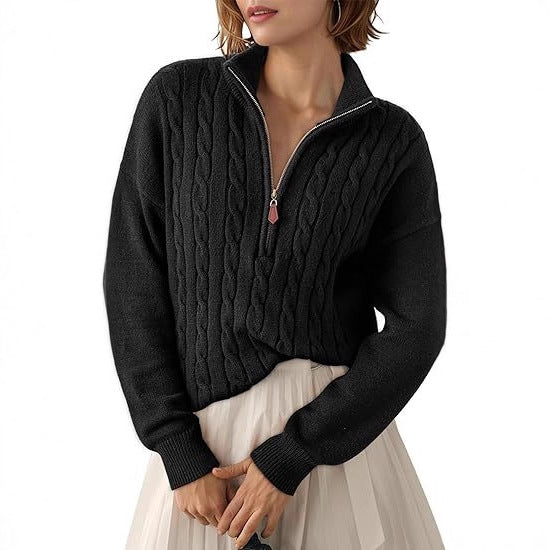 Damen Grobstrick Pullover mit Stehkragen und halbem Reißverschluss EB