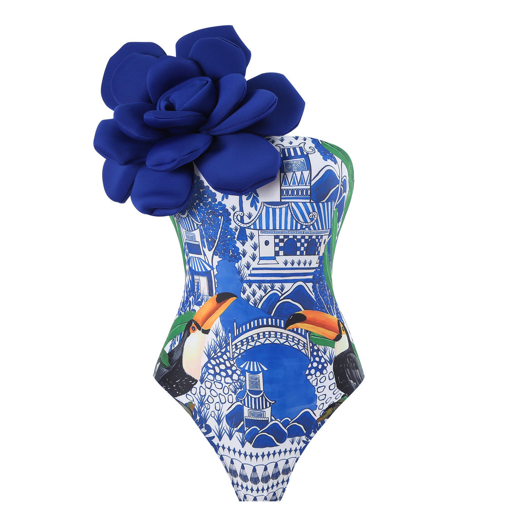 Damen Eleganter Badeanzug mit großem Blumen-Detail und transparentem Überrock EB