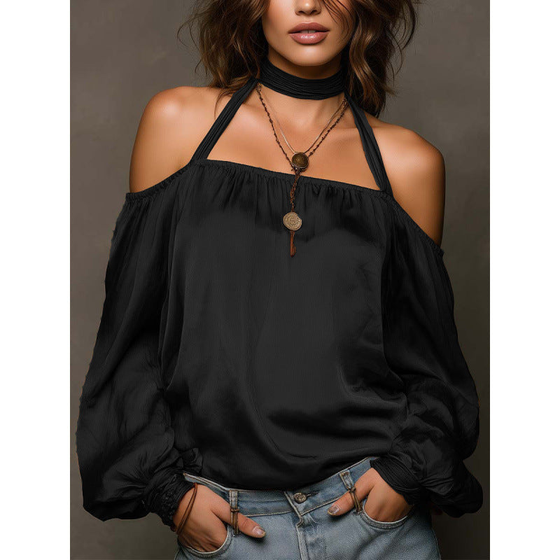 Damen Off-Shoulder Bluse mit voluminösen Ärmeln und Choker EB