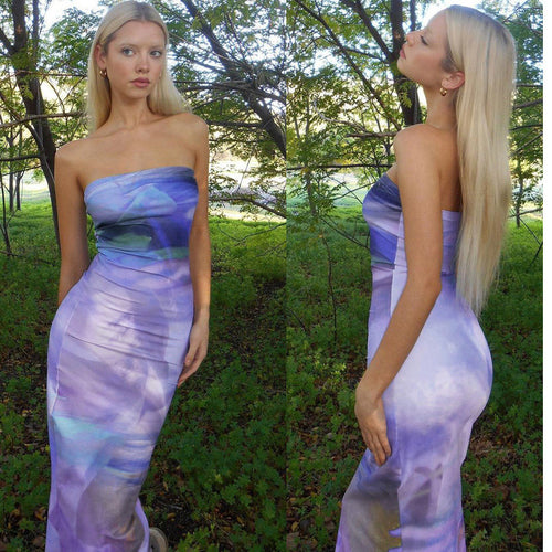 Damen Bodycon Maxikleid mit schulterfreiem Design und traumhaftem Farbverlauf EB
