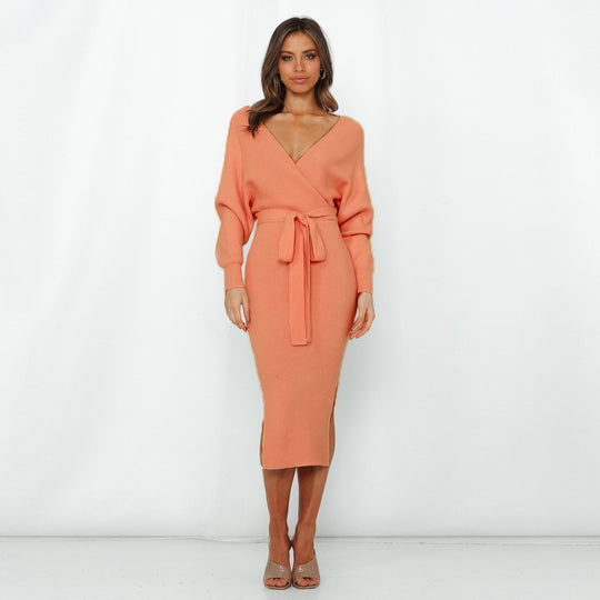 Damen Strickkleid mit Wickeloptik und seitlichem Schlitz EB