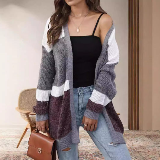 Damen lockere Strickjacke mit modischem Streifenmuster EB