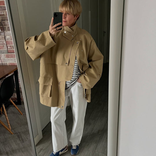 Damen Oversized Utility-Jacke mit Gürtel und großen Taschen EB