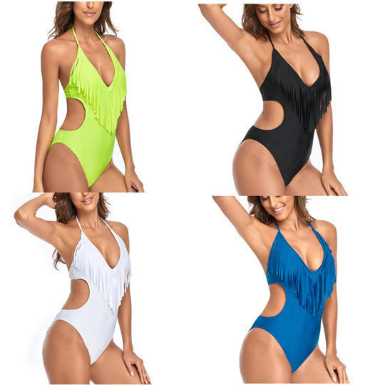 Damen Einteiliger Badeanzug mit raffiniertem Fransen-Design und tiefem V-Ausschnitt EB