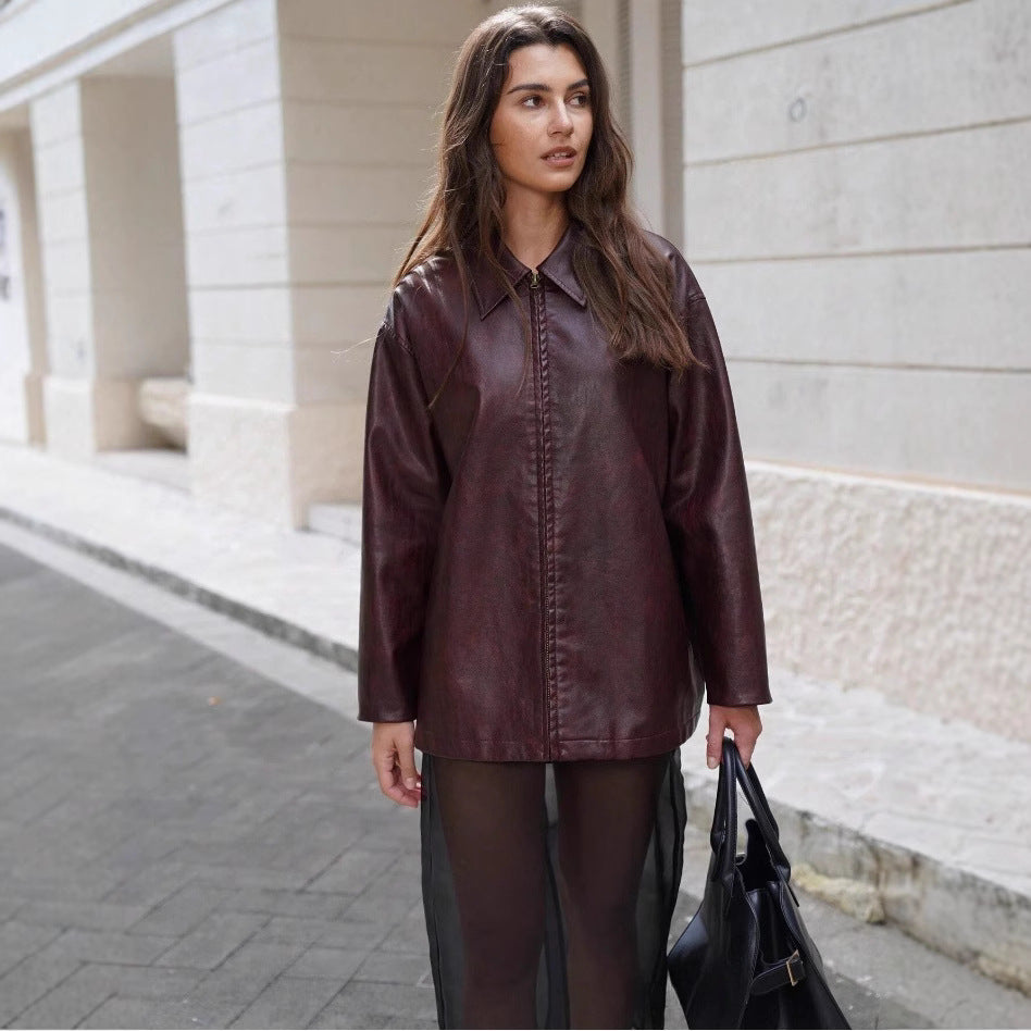 Damen lässige Kunstlederjacke mit strukturiertem Design EB