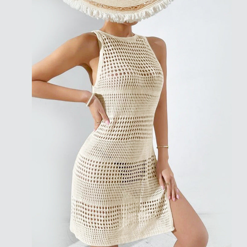 Damen Häkel-Strandkleid mit tiefem Schlitz und raffiniertem Muster EB