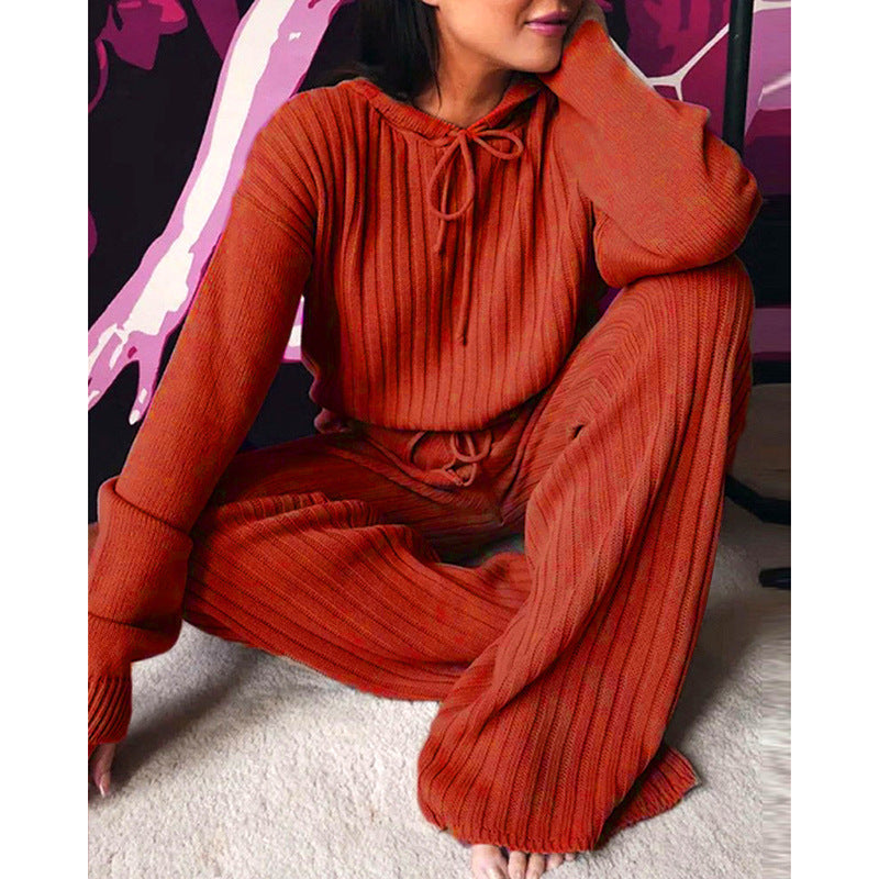 Damen Geripptes Strick-Loungewear-Set mit Kapuzenpullover und weiter Kordelzughose EB