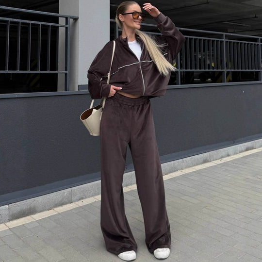 Damen Relaxed-Fleece-Set mit halblanger Zipjacke und extraweiter High-Waist Jogginghose EB