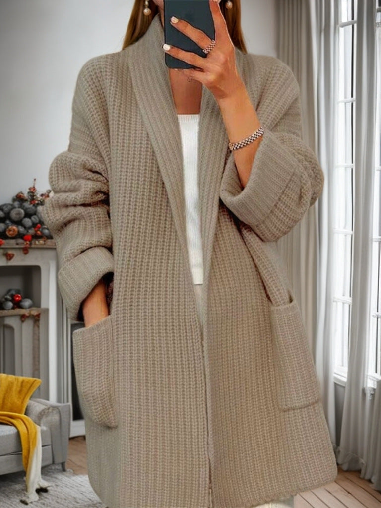 Damen nan langer übergroßer Strickmantel mit Schalkragen und aufgesetzten Taschen EB