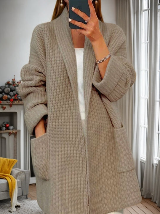 Damen nan langer übergroßer Strickmantel mit Schalkragen und aufgesetzten Taschen EB