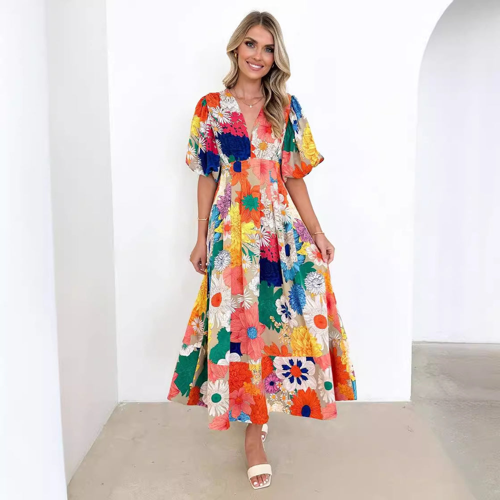 Damen Maxikleid mit buntem floralen Design und lässigen Puffärmeln EB