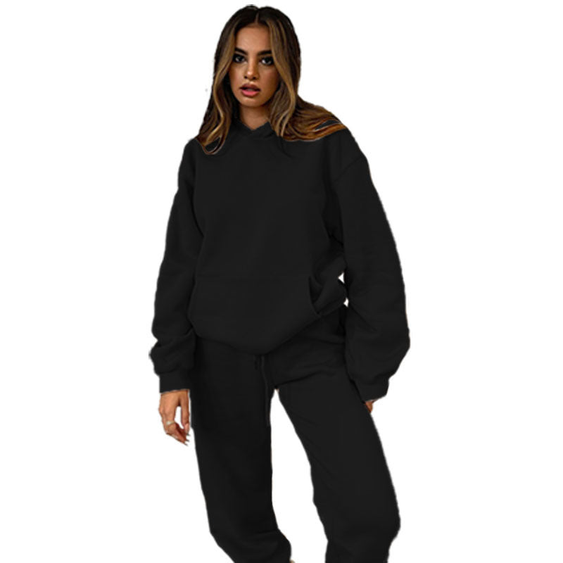 Damen nan lässiges Oversize-Kapuzenloungewear-Set mit fleecegefüttertem Hoodie und hochgeschnittener Jogginghose EB