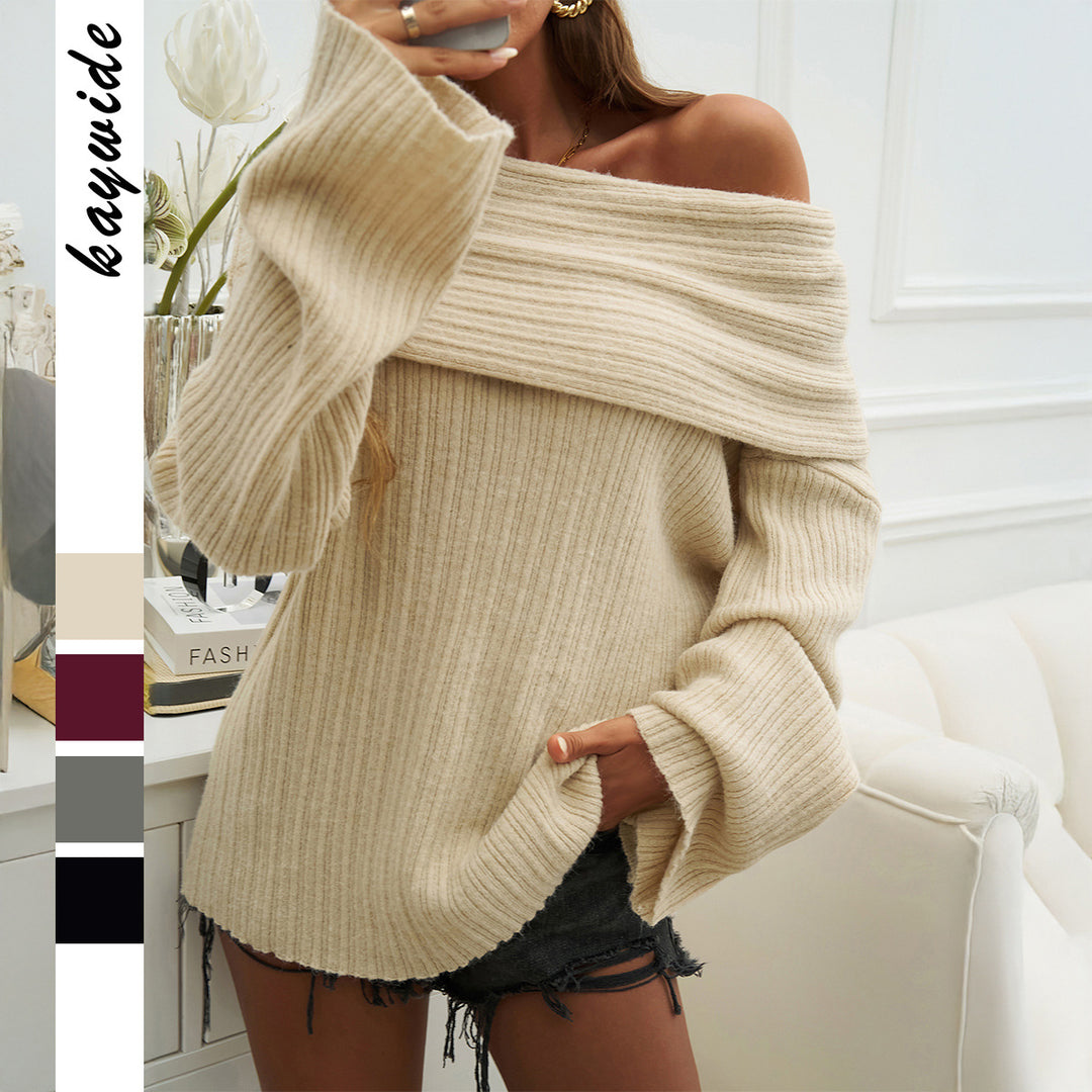 Damen nan Oversize-Schulterfreier Rippstrickpullover mit weitem Umschlagkragen und Ballonärmeln EB