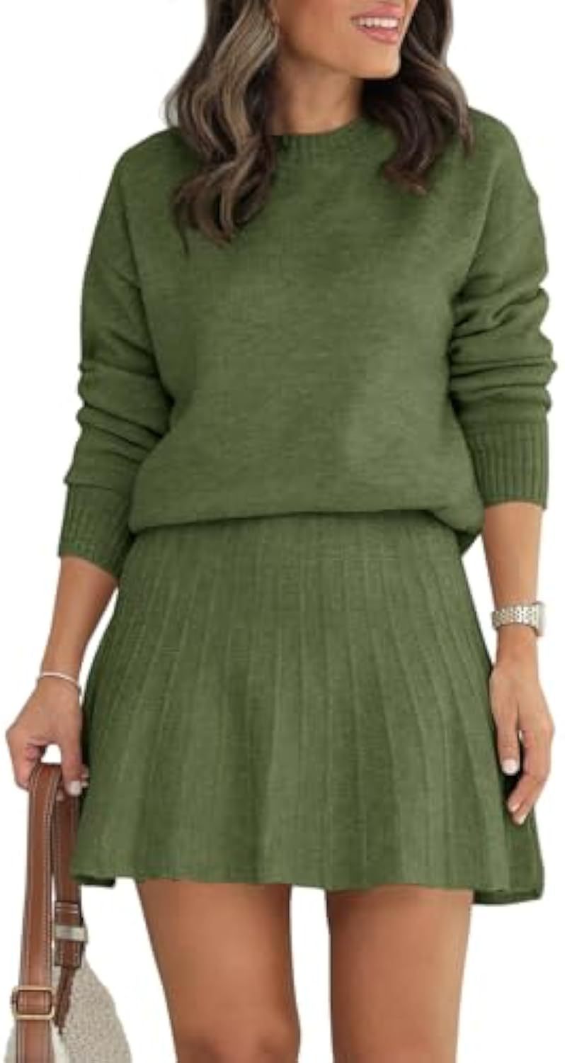 Damen Zweiteiliges Strick-Set mit Rundhals-Pullover und Plissée-Minirock EB