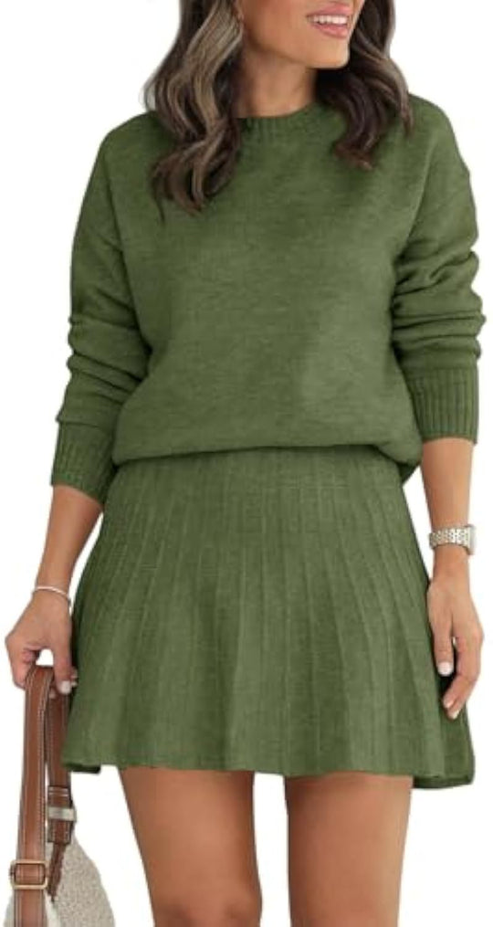 Damen Zweiteiliges Strick-Set mit Rundhals-Pullover und Plissée-Minirock EB