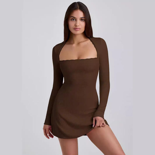 Damen Langärmeliges Minikleid mit elegantem Ausschnitt und Rippstruktur EB
