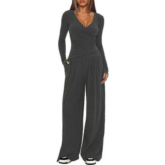 Damen Eleganter Wickel-Jumpsuit mit weitem Bein und modischen Details EB