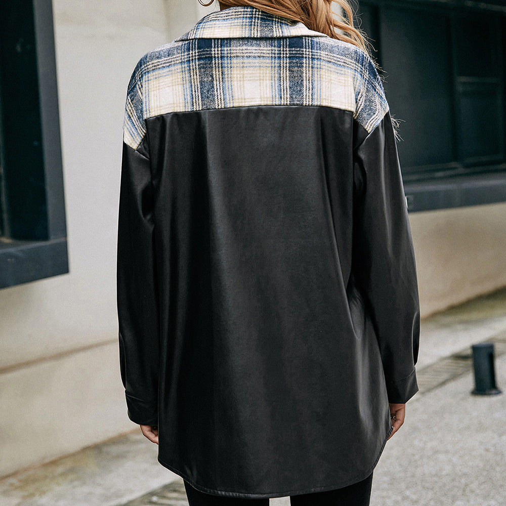 Damen Overshirt mit Kunstleder-Ärmeln und Karomuster EB