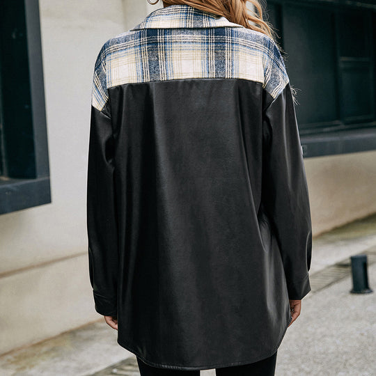 Damen Overshirt mit Kunstleder-Ärmeln und Karomuster EB