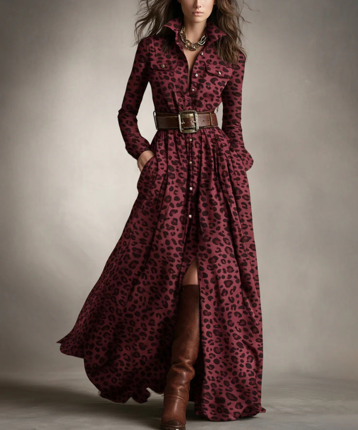 Damen nan karierte Maxikleid Hemdblusenkleid mit ausgestelltem Rock und breitem Taillengürtel EB