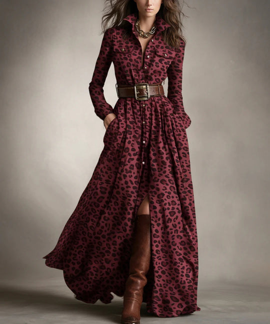 Damen nan karierte Maxikleid Hemdblusenkleid mit ausgestelltem Rock und breitem Taillengürtel EB