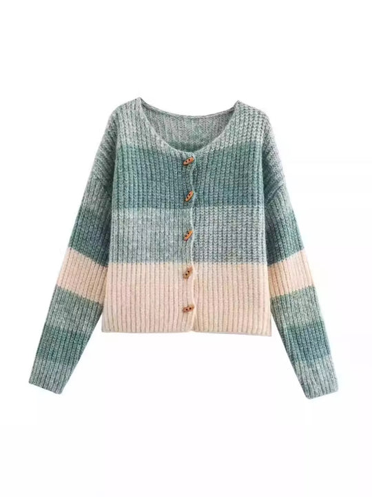 Damen Strickjacke mit elastischem Rippdesign und Holzknöpfen EB