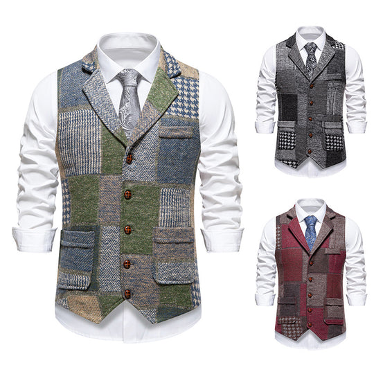 Herren nan Patchwork Weste mit Reverskragen Knopfleiste und aufgesetzten Taschen EB