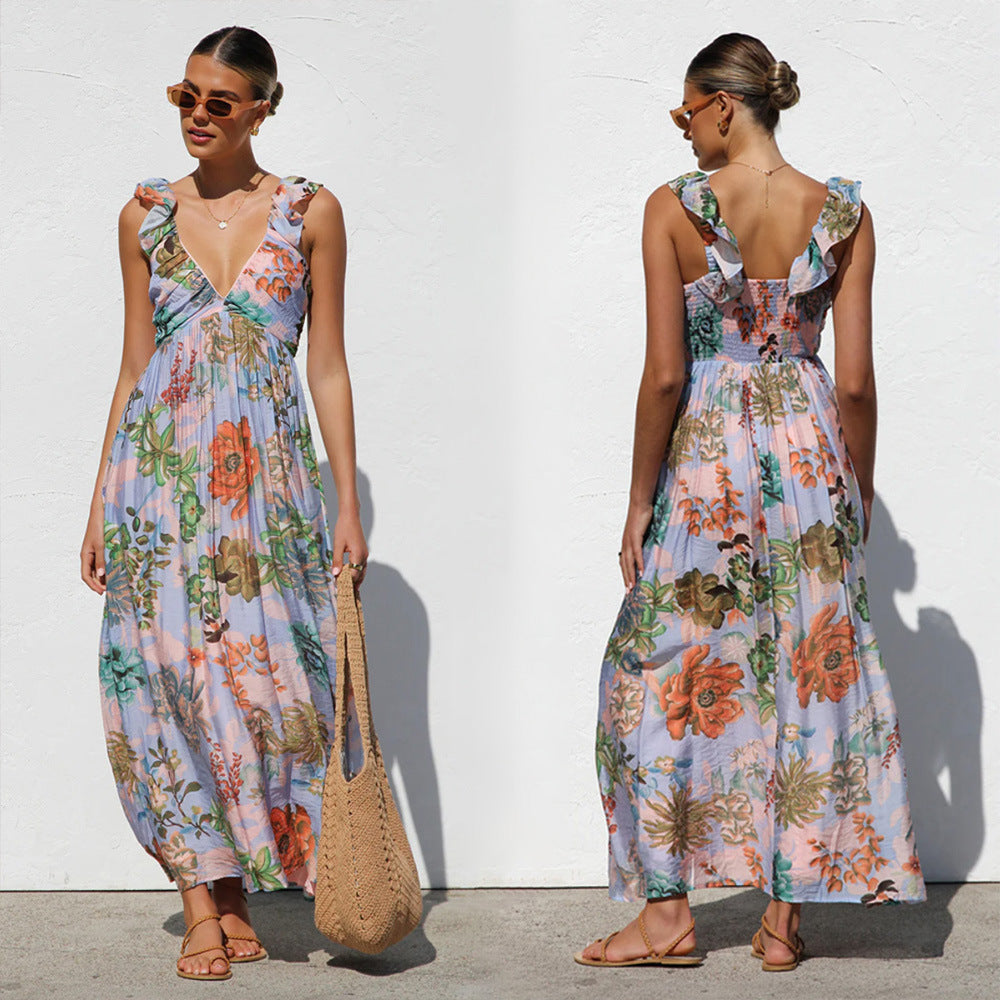 Damen Maxikleid mit Volantärmel und floralem Design EB