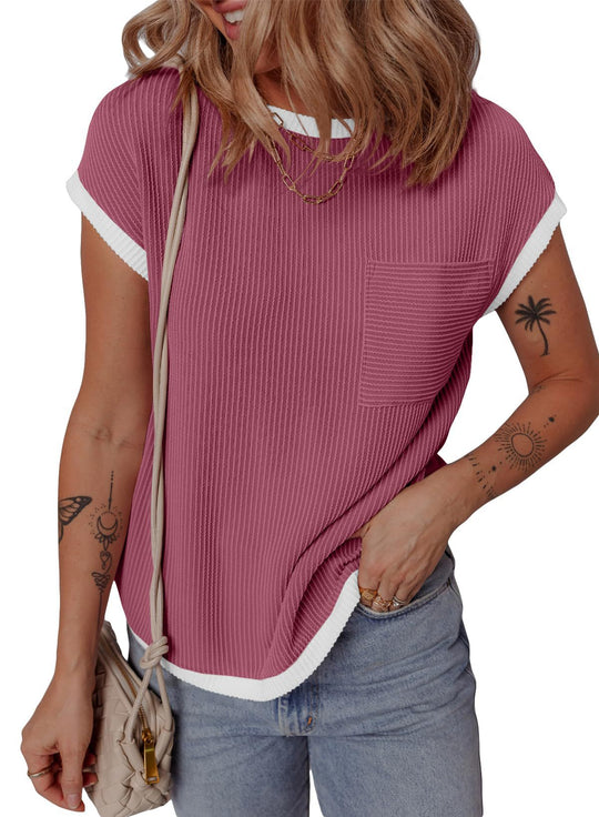 EB | Gestricktes kontrastierendes T-Shirt mit Rundhalsausschnitt