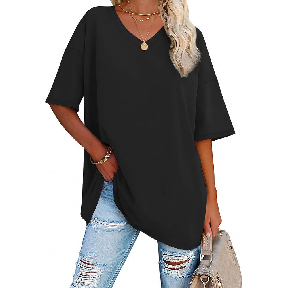 Damen Oversized T-Shirt mit V-Ausschnitt und seitlichen Schlitzen EB