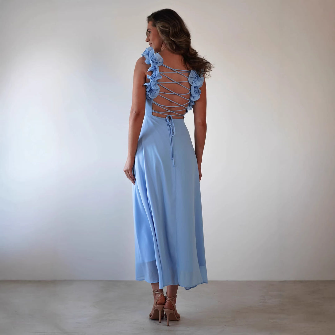 Damen Maxikleid mit verspielten Rüschendetails und elastischem Oberteil EB