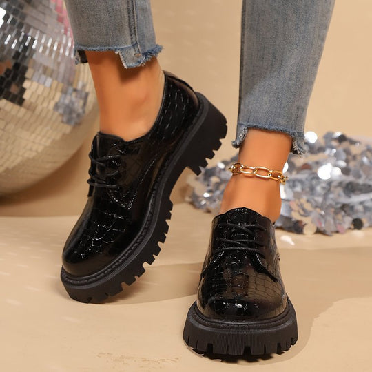 Damen Schnürschuhe im modischen Krokodilleder-Look mit robustem Profilsohle EB