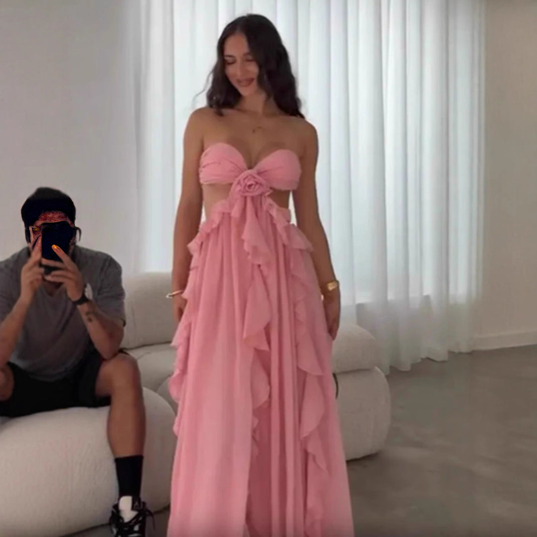 Damen luftiges Sommerkleid mit Rüschendetails und schulterfreiem Design EB