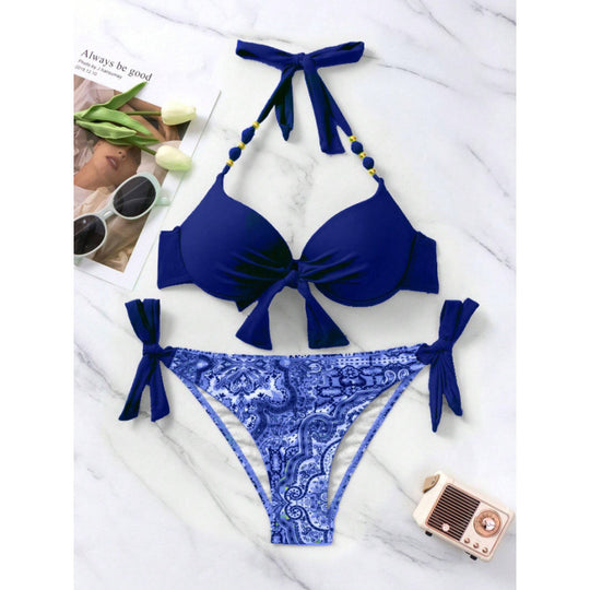 Damen Bikini-Set mit modischen Bindebändern und herausgearbeitetem Muster EB