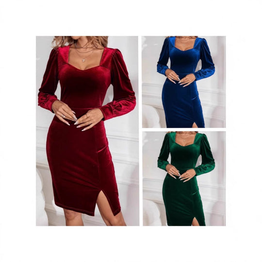 Damen figurbetontes Abendkleid mit tiefem Ausschnitt und Puffärmeln EB