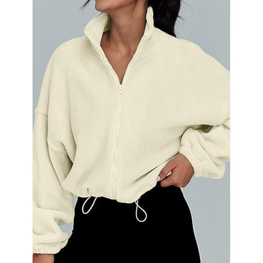 Damen trendy Oversize-Zip-Pullover mit hohem Kragen und Kordelzug EB