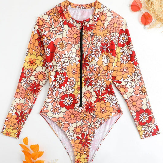 Damen Langarm-Badeanzug mit floralem Design und herausziehbarem Reißverschluss EB