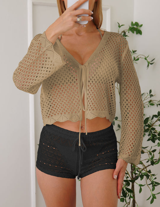 Damen Luftiger Häkelstrandpullover EB
