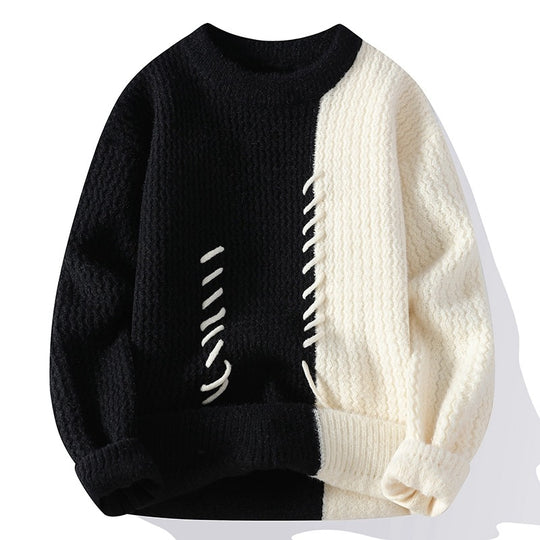 Unisex nan strukturierter Strickpullover mit asymmetrischem Zweifarbdesign und dekorativer Ziernaht EB