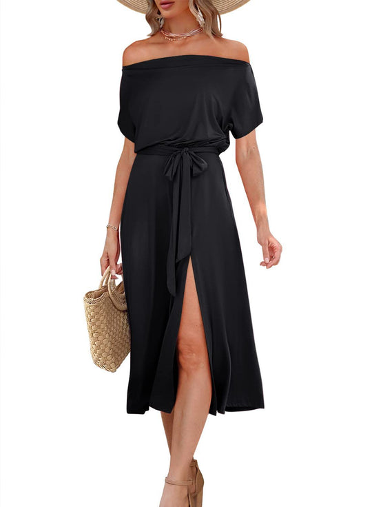 Damen Off-Shoulder Maxikleid mit Taillengürtel und seitlichem Schlitz EB