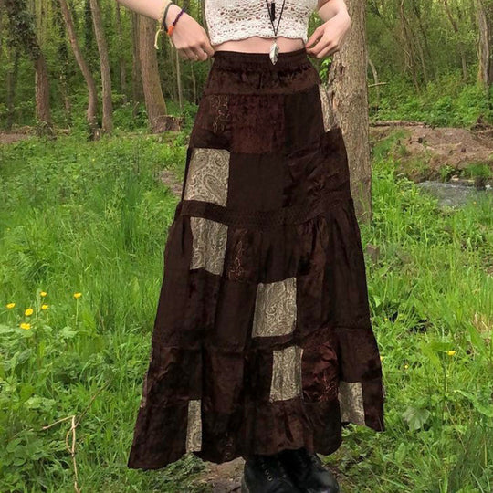 Damen Maxirock mit floralen Patchwork-Mustern und voluminösem Saum EB