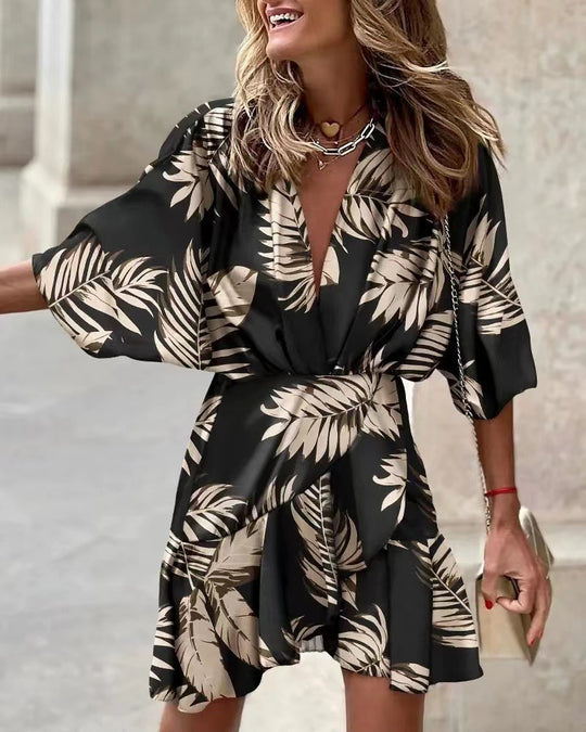 Damen Lässiges Wickelkleid mit voluminösen Ärmeln und modischem Tierdruck EB