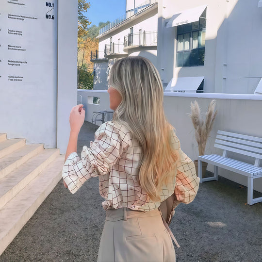 Damen Karierte Bluse mit eleganten Rüschendetails EB