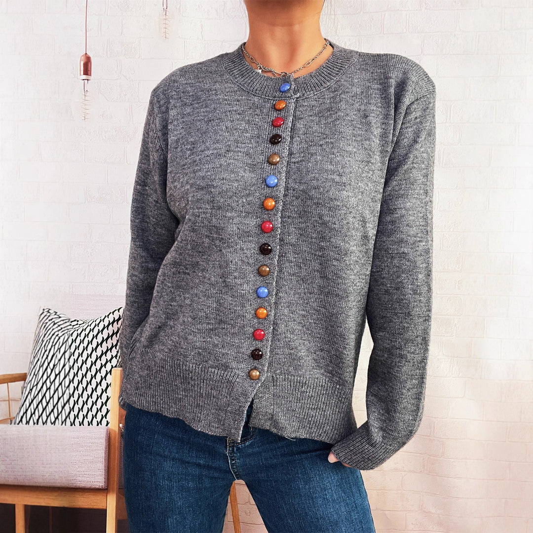 Damen stilvolle Strickjacke mit bunten Knöpfen EB
