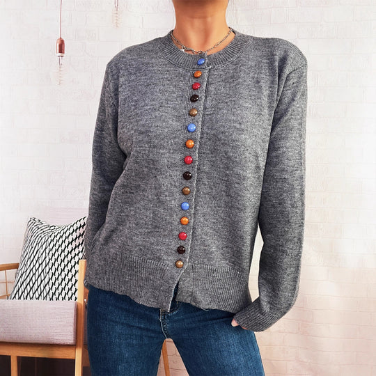 Damen stilvolle Strickjacke mit bunten Knöpfen EB